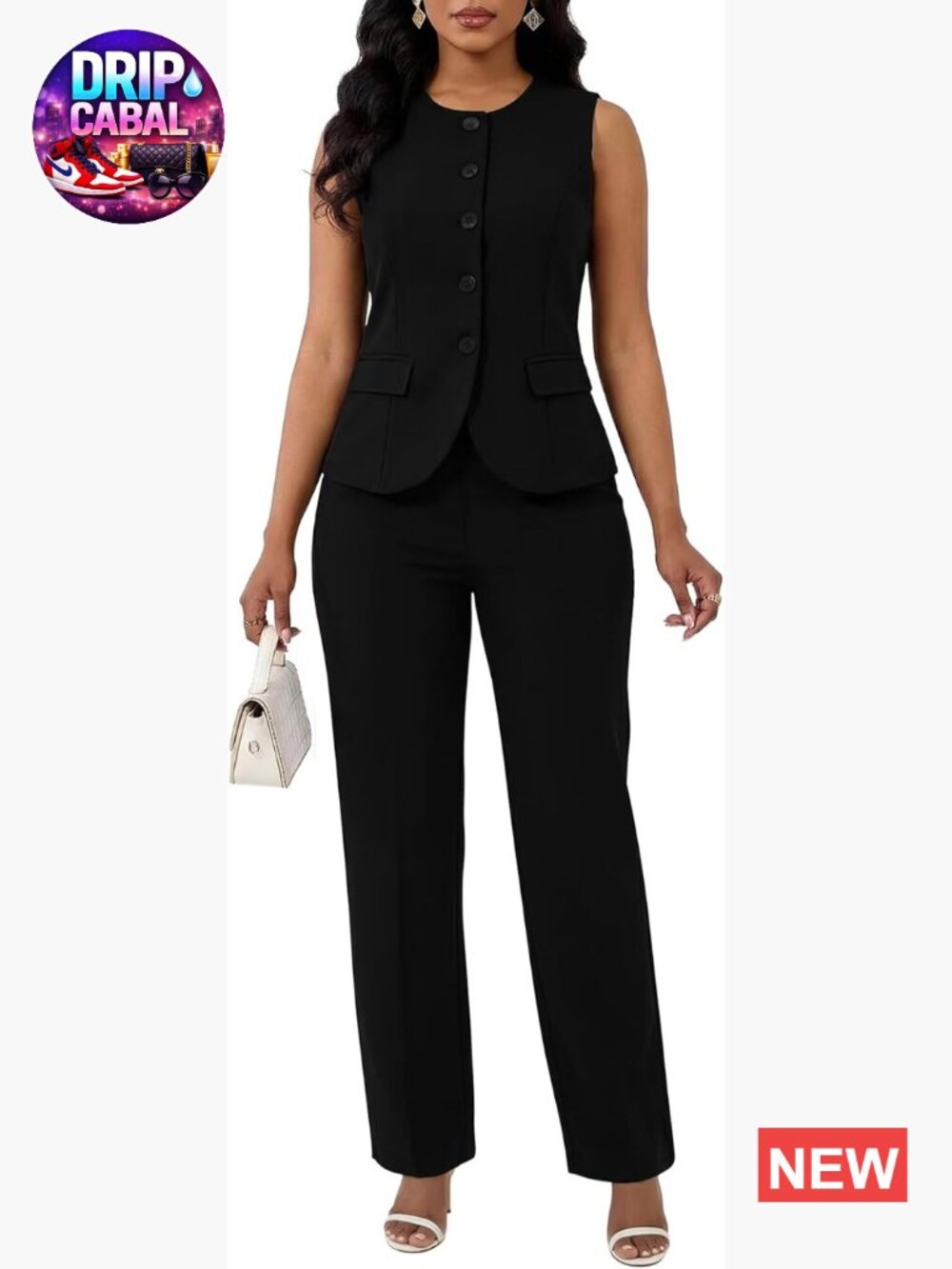 2 Piece Suit Set Sleeveless Blazer Pantsuits Business Casual Work Outfits